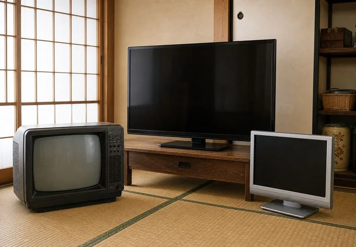 古いテレビが並ぶ様子